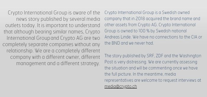 Uttalelse på nettstedet til Crypto International om avsløringene.