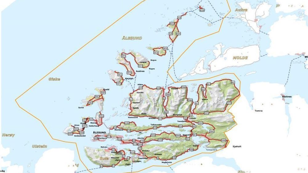 Utsnitt av kart over veistrekningene som inngår i driftskontrakt 1500 Ålesund.