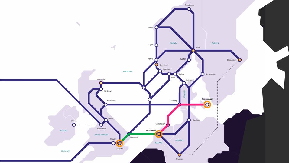 Her er Tampnets kart over kabler de benytter i Nordsjøen og i Nord-Europa. De to nye strekningene er markert med grønt til London og rosa til Amsterdam. Disse følger energikabelen Cobra Cable til Amsterdam. 