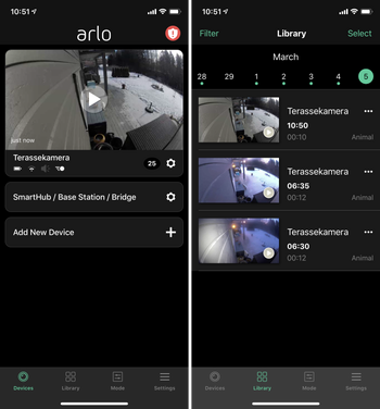 Startskjermen (til venstre) i Arlo-appen viser oversikt over alle kameraene. Trykker du på «Library» får du opp en oversikt over alle videoklipp som er spilt inn.