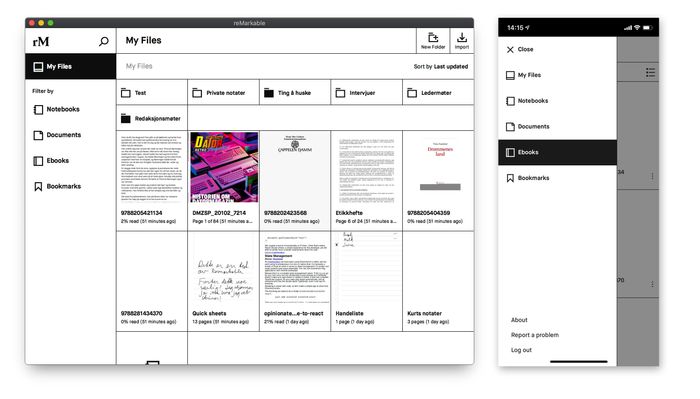 Remarkable-appen for Mac (til venstre), IOS, Android eller Windows kan brukes til å overføre dokumenter til og fra notatblokken/lesebrettet.