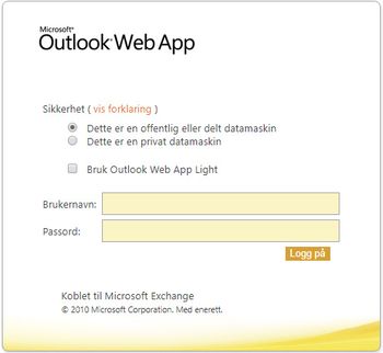 Outlook Web App tilbudt av Exchange 2010, med versjonsnummer 14.3.439.0. Denne er sårbar. Tilhører norsk selskap.