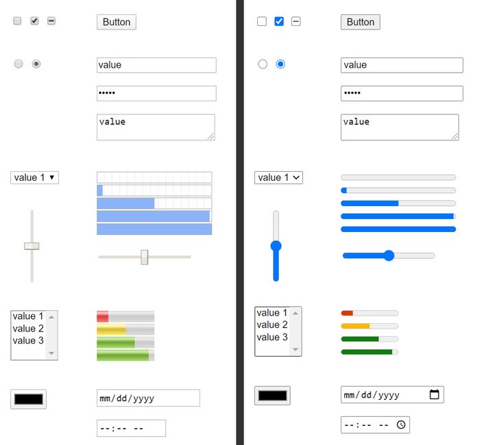 Endringen i utseende på HTML-skjemaelementer i blant annet Chrome. Chrome 80 til venstre, Chrome 83 til høyre.