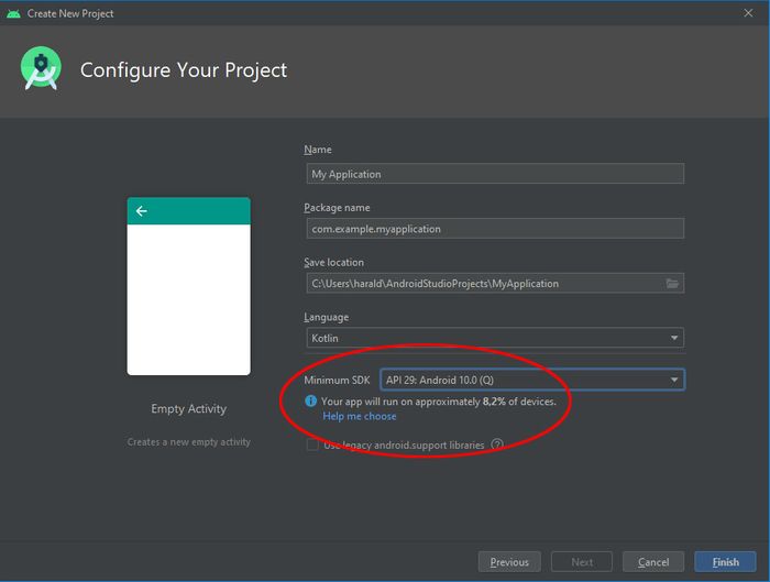 Oversikten over andelene som bruker ulike Android-versjoner, kan hentes fram i Android Studio.