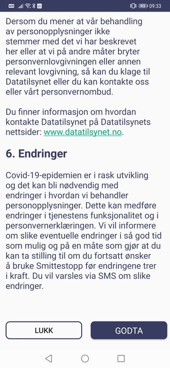 Bunnen av personvernerklæringen i Smittestopp-appen til Folkehelseinstituttet.