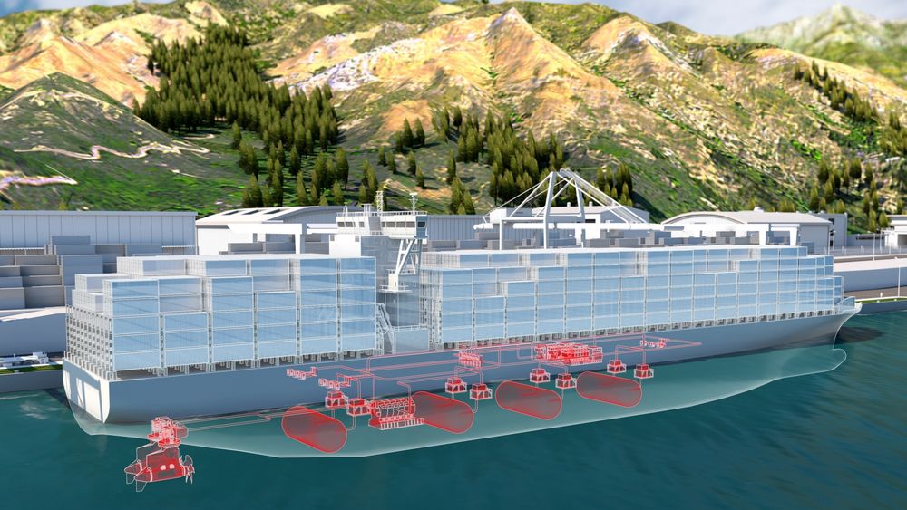 Konseptskisse for et containerskip med brenselcellemoduler og hydrogentanker.