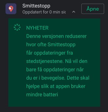 Nyheten i versjon 1.0.4 av Smittestopp-appen er redusert strømforbruk.