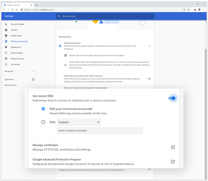 De nye DNS-innstillingene i Chrome 83.