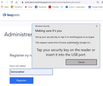 Etter at man har autentisert seg første gang, kan man enkelt logge inn ved hjelp av Yubikey-nøkkelen.