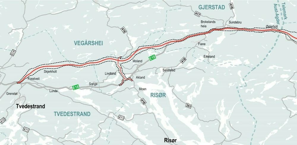 Illustrasjonen viser deler av den vedtatte kommunedelplanen for E18 Dørdal-Tvedestrand.