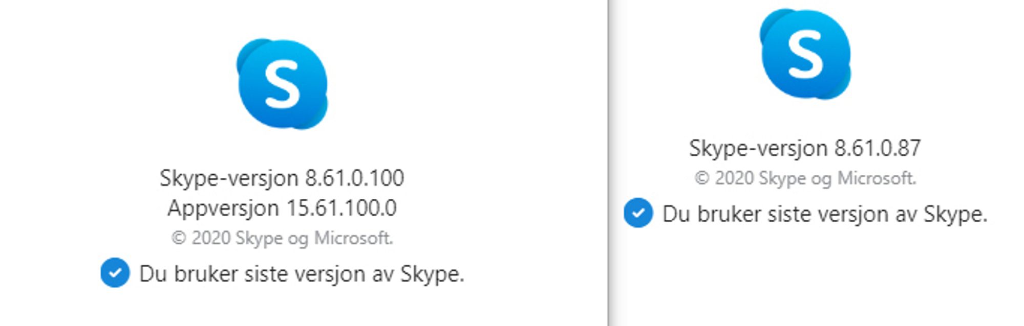 Versjonsnumrene til Skype for Windows 10 (til venstre) og Skype for Desktop. 