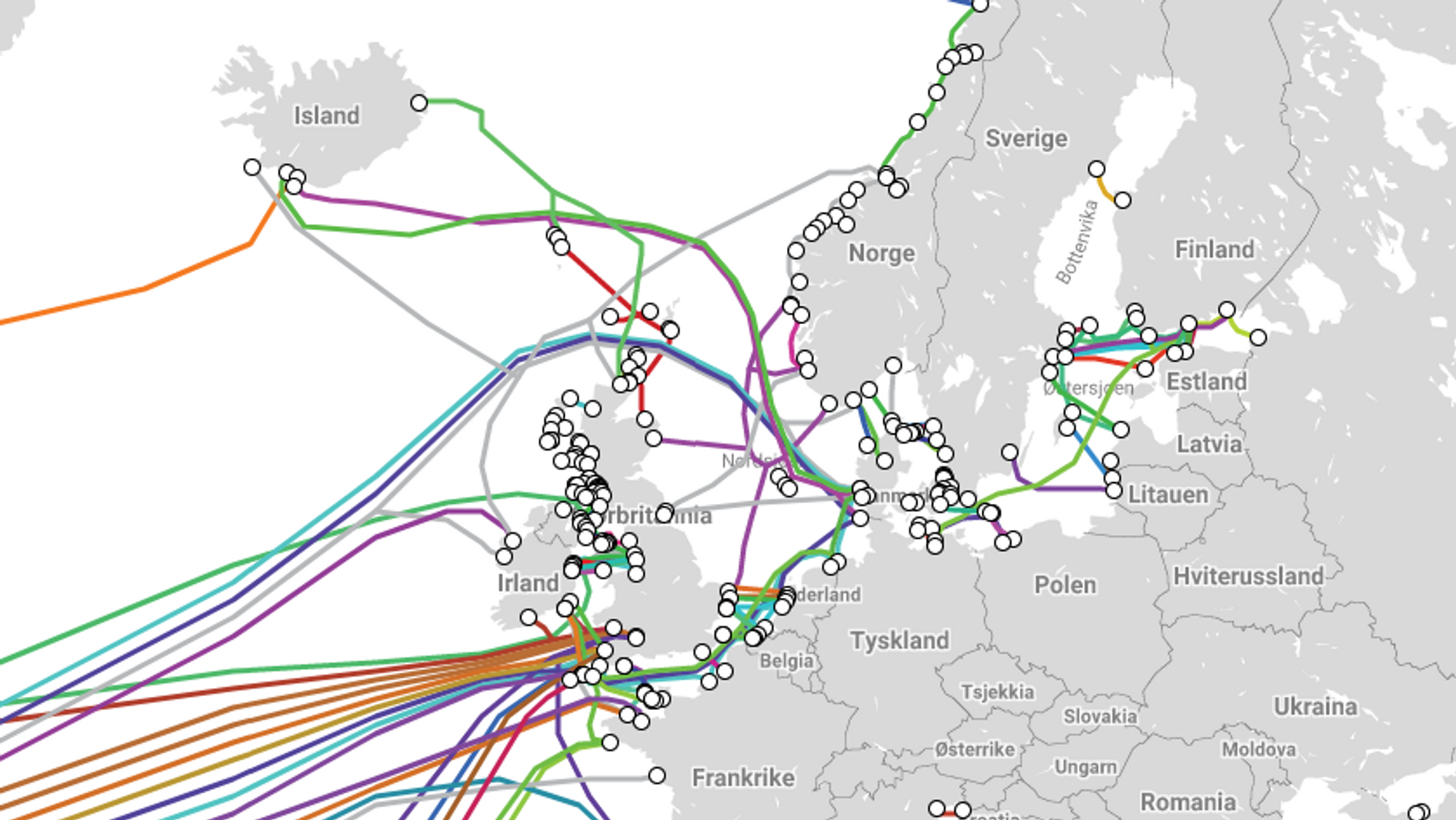 En oversikt over mange av fiberforbindelsene som eksisterer eller er planlagt i Nord-Europa. De grå er planlagte fiberforbindelser.