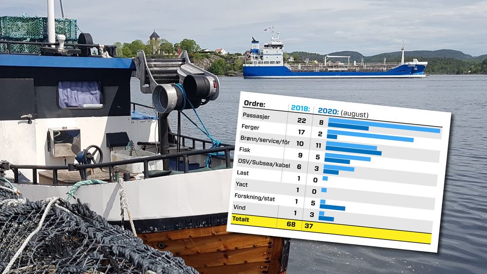 Ordrereserve 2018 mot hittil i 2020, fordelt på skipstyper. Kun skip overer 40 meter.