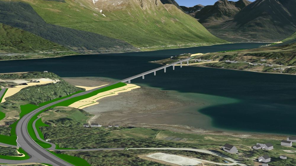 Den nye E8 legges på vestsiden av Ramfjorden, som så skal krysses med bru.