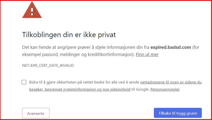 Chrome-advarsel om utløpt TLS-sertifikat på testnettstedet badssl.com.