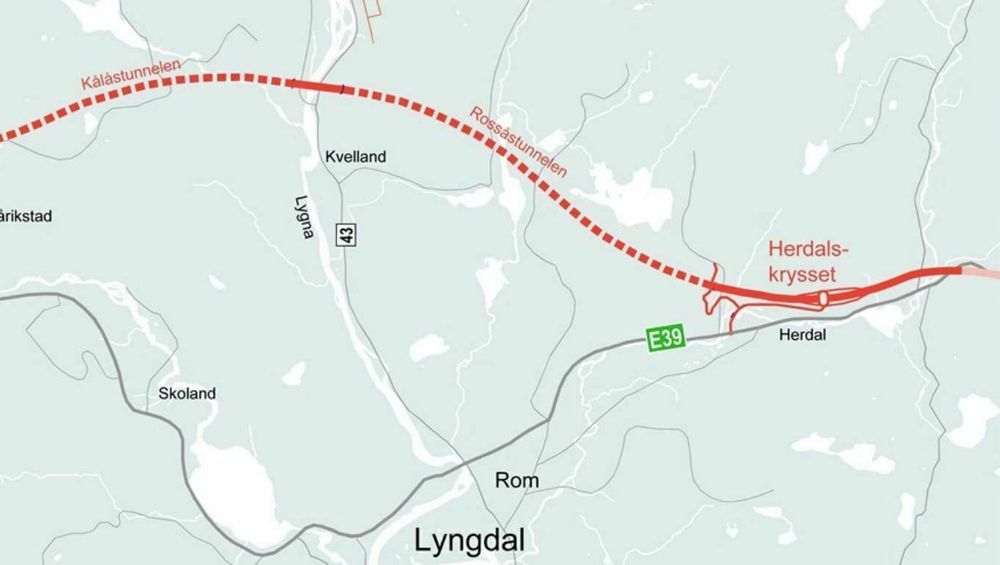 Den nye strekningen Herdal-Røyskår i rødt.