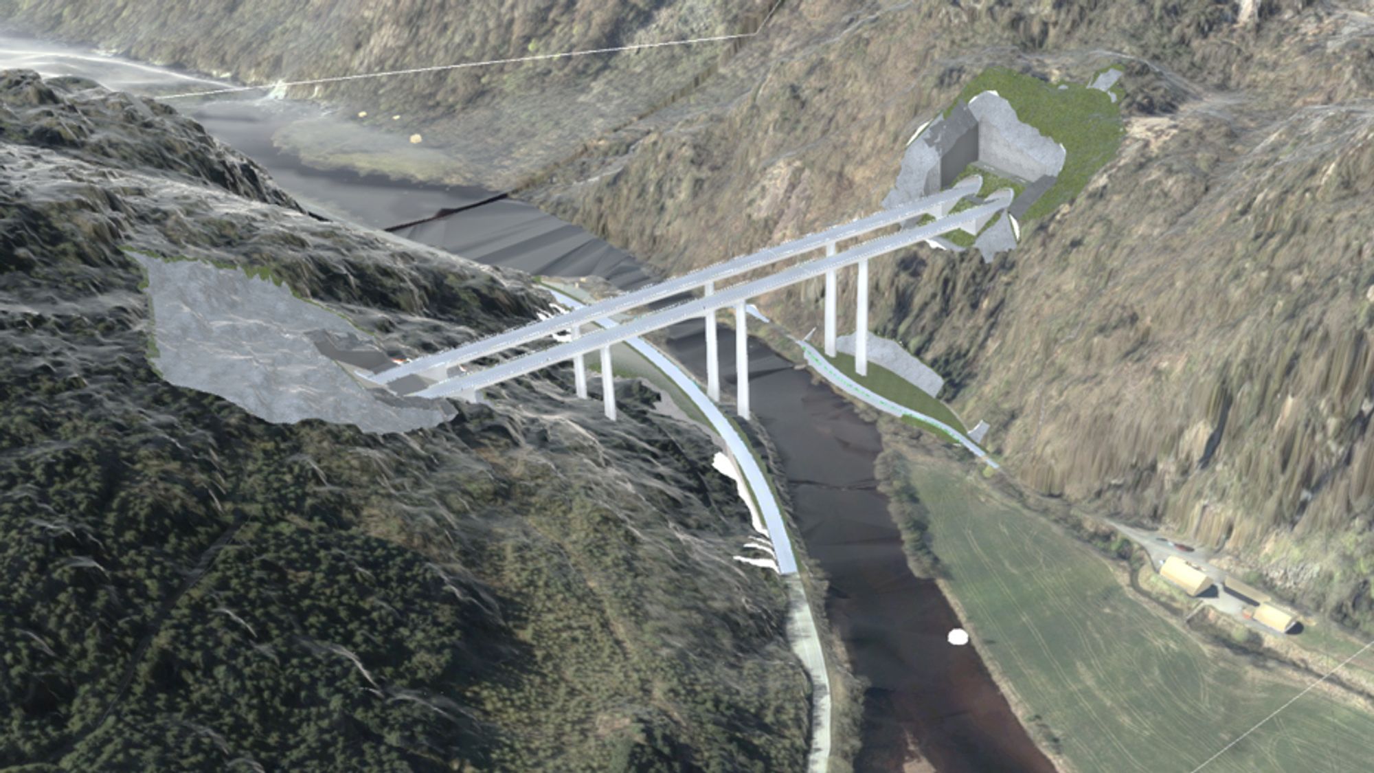 Mellom to lange tunneler skal det bygges en 70 meter høy bru.