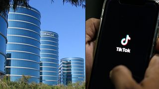 Oracles hovedkvarter i Redwood City, California. Samt et nærbilde av mobilappen Tiktok.