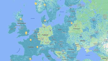 Veier dekket av Street View i blått. I Tyskland er Street View nærmest ikke-eksisterende sammenlignet med resten av Vest-Europa.