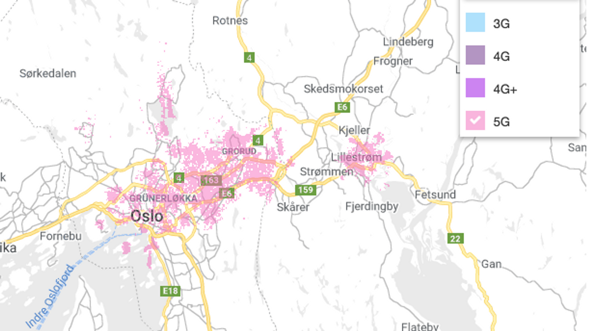 Telias dekningskart for Oslo og omegn. Her med bare 5G illustrert.