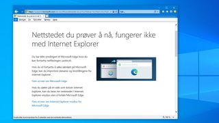 Webside som advarer brukere av Internet Explorer om at de besøker et nettstedet som ikke fungerer i nettleseren. I stedet åpnes nettstedet i Edge.