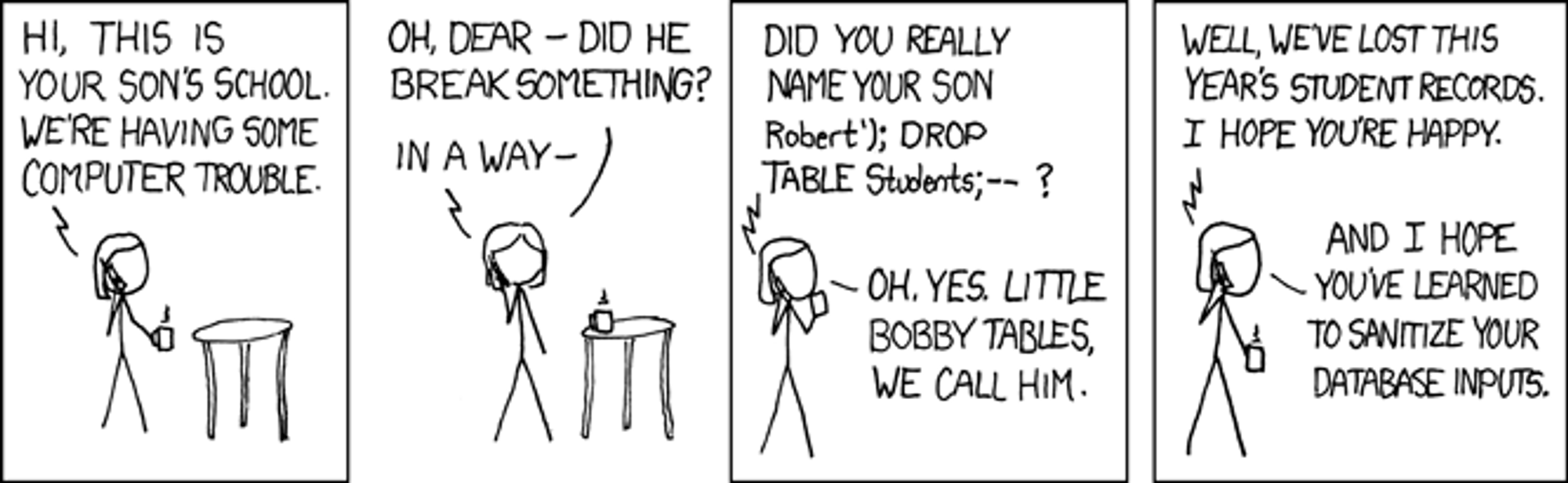 Tegneseriestripe med sønn som heter «Robert') DROP TABLE Students;--». 