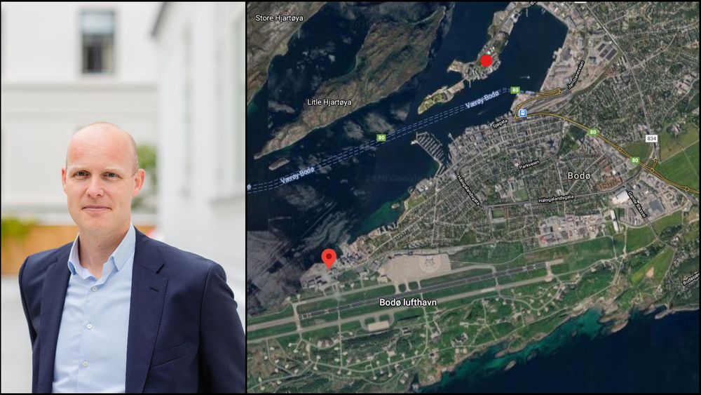 Morten Solberg Watle, daglig leder i GreenH, har sett seg ut ei tomt like ved Bodø Lufthavn. Sammen med Linde vil de levere hydrogen til Vestfjordsambandet (Værøy-Bodø på kartet) og til sildoljefabrikken Pelagia (rød prikk nord for sentrum).