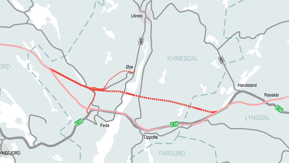 Kartet viser utsnitt av E39 fra Lyngdal vest til Flekkefjord, hvor Nye Veier ønsker å vurdere ny trasé over Fedafjorden i Kvinesdal kommune.