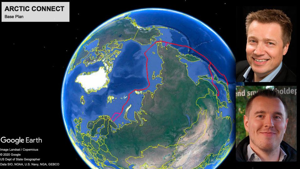 Arctic Connect skal knytte sammen nordområdene med Asia og Alaska gjennom nordøst-passasjen. Innfelt er kronikkforfatterne dagligleder Dag-Kjetil Hansen i Bredbåndsfylket og daglig leder Kenneth Stålsett i Sør-Varanger Utvikling.