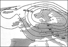 Dekningskart for Thor II. De vertikale tallene viser antennediameter for god mottaking. I tillegg dekker satellittens laveste grad den befolkede delen av vest-Grønland.