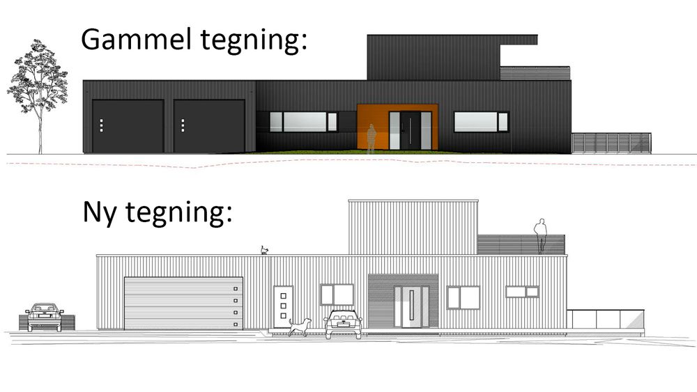 Den øverste tegningen viser Garviks forslag til fasade. Den nederste fra TPS er det som ble oppført.