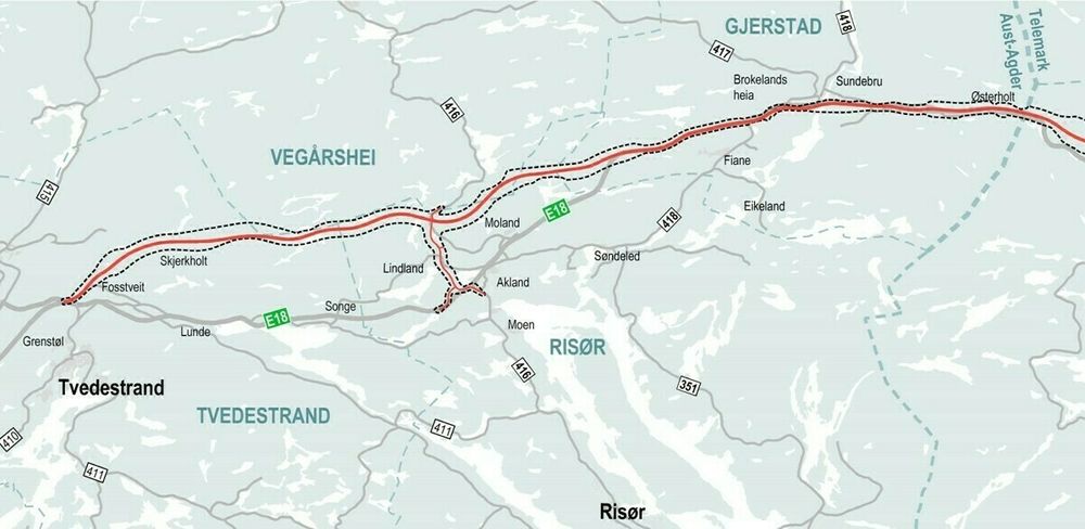 Illustrasjonen viser deler av den vedtatte kommunedelplanen for E18 Dørdal-Tvedestrand.