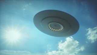 3D illustration with photography. Alien spaceship under the sun.