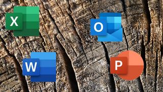 Ikonene til Microsoft Office-produktene Word, Excel, Outlook og Powerpoint vist over en trestruktur.