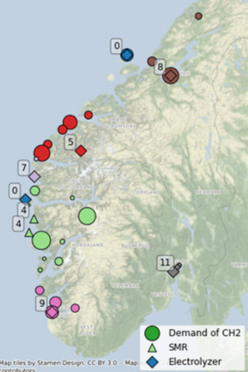 Kartet viser en oversikt over mulig behov og produksjonssteder for komprimert hydrogen i Sør-Norge. Det er hentet fra rapporten «Future compressed hydrogen infrastructure for the domestic maritime sector».