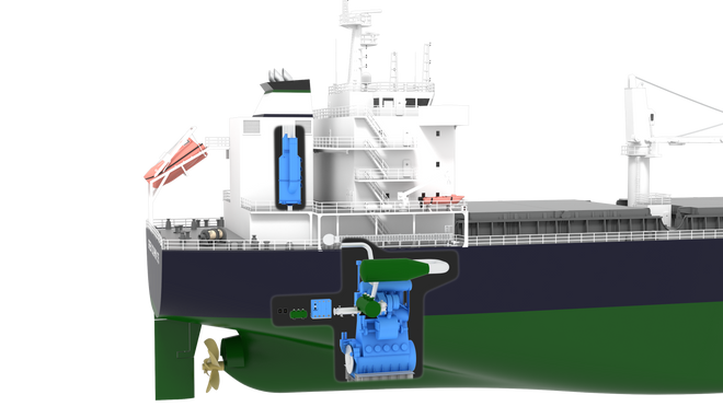 Illustrasjonen viser plassering av scrubber bak dekkshus (blå enhet). De grønne enheter og tanker inngår i et NOx-rensesystem med katalysator og urea (SCR) for å tilfredsstille Tier III-krav.
