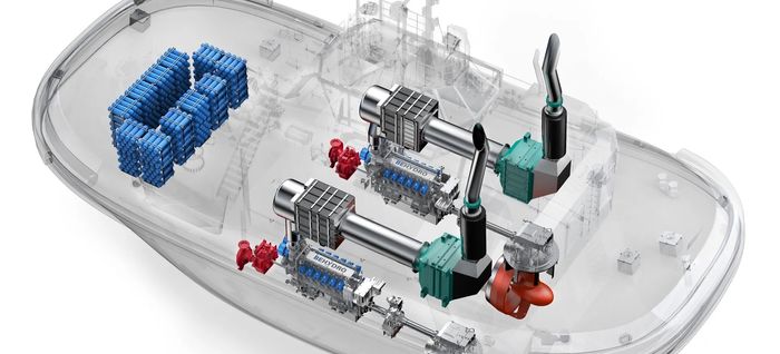 Gjennomskåret illustrasjon viser plassering av hydrogentanker (blå) og motorer i Hydrotug. Den skal ha to 16 V DF-motorer på 2 MW, til sammen 4 MW og Volvo Penta Tier III-godkjent hjelpemotor. Hydrogen lagres på 396 sylindriske trykkbeholdere, totalt 405,5 kg H2. Taubåten med 65 tonn trekkraft skal brukes på havna i Antwerpen.