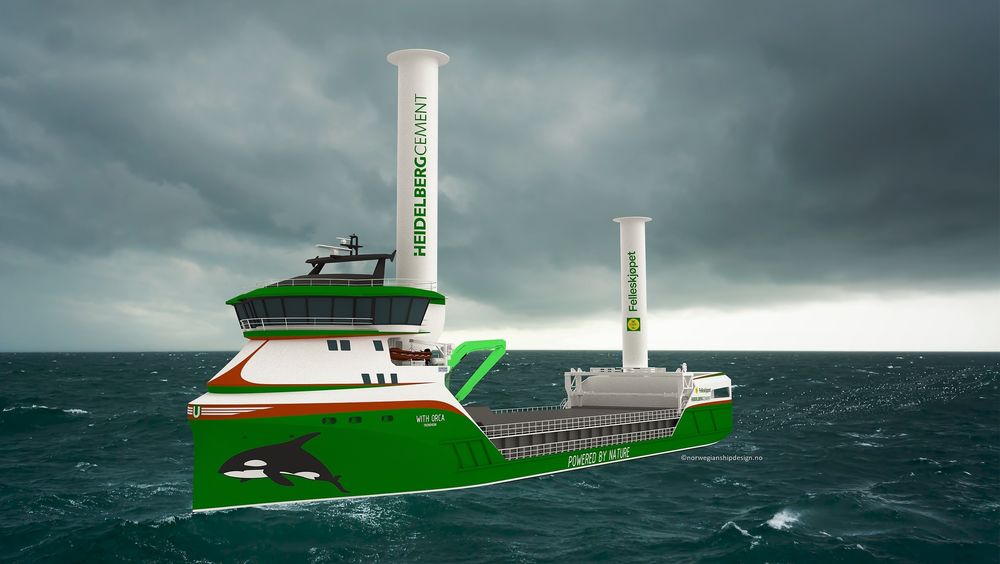 To Flettner-rotorer vil i lange perioder være nok til å drive skipet framover i 8 knop langs den planlagte ruten Østlandet-Rogaland for 5.500-tonneren. Fem containere (med plass til +5) på akterskipet inneholder trykkbeholdere med H2 for ABC/CMB-motoren .