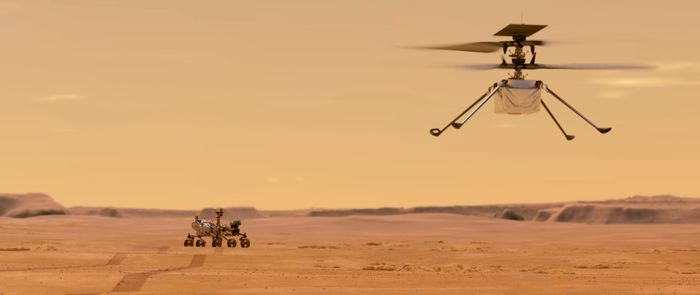 Ingenuity-helikopteret blir styrt av en nordmann og er verdens første romhelikopter. Foto: NASA/JPL-Caltech via AP / NTB