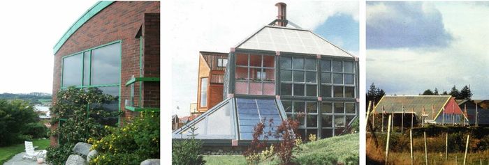 Figur 2. Norske eksempler på bygningsintegrasjon som jeg som arkitekt tidlig utførte. Til venstre, bolig i Hafrsfjord, Stavanger med veggintegrert solenergianlegg, 1985. I midten, fra Bygg for Fremtiden på Forus, 1988, Europas første moderne nullenergibolig med tak og veggintegrert solenergianlegg. Til høyre, Stavanger Squash Senter, 1990, Norges største takintegrerte solenergianlegg.