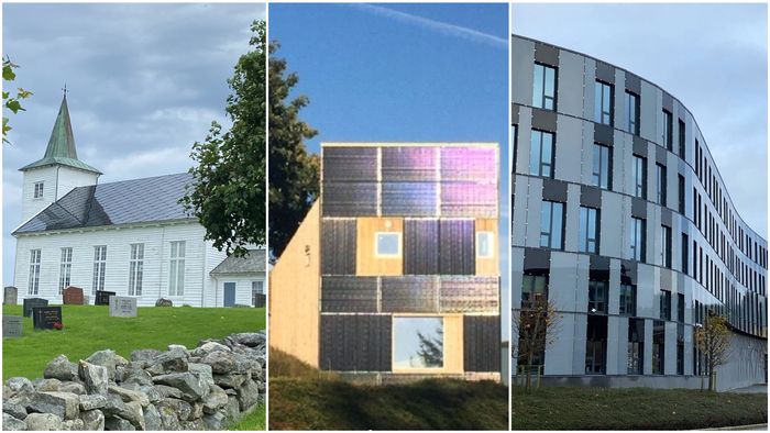 Figur 4. Nyere eksempler fra de siste fem årene viser flere gode løsninger. I midten, 10kW solstrømanlegg bygningsintegrert i veggene på kompakthuset i Randaberg tegnet av artikkelforfatteren Til venstre, på Strand kirke i Rogaland er hele skifertaket byttet ut med solceller. Til høyre er veggintegrerte solceller bruk til å rehabilitere fasadene på Oljedirektoratet ved UiS Campus, Ullandhaug.