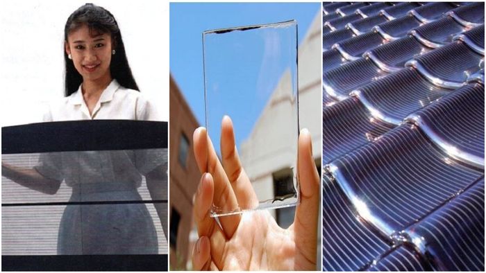 Figur 6. Allerede i 1989 fotograferte jeg disse Sanyo produktene på en verdenskongress for solenergi i Kobe, Japan. Til venstre, vindusglass som stopper litt av varmestrålingen fra sola for å redusere belastningen på aircondition anlegget samtidig som det produserer solstrøm. I midten et lignende produkt fra 2020. Til høyre, Sanyo takpanner (1989) som produserer solstrøm.