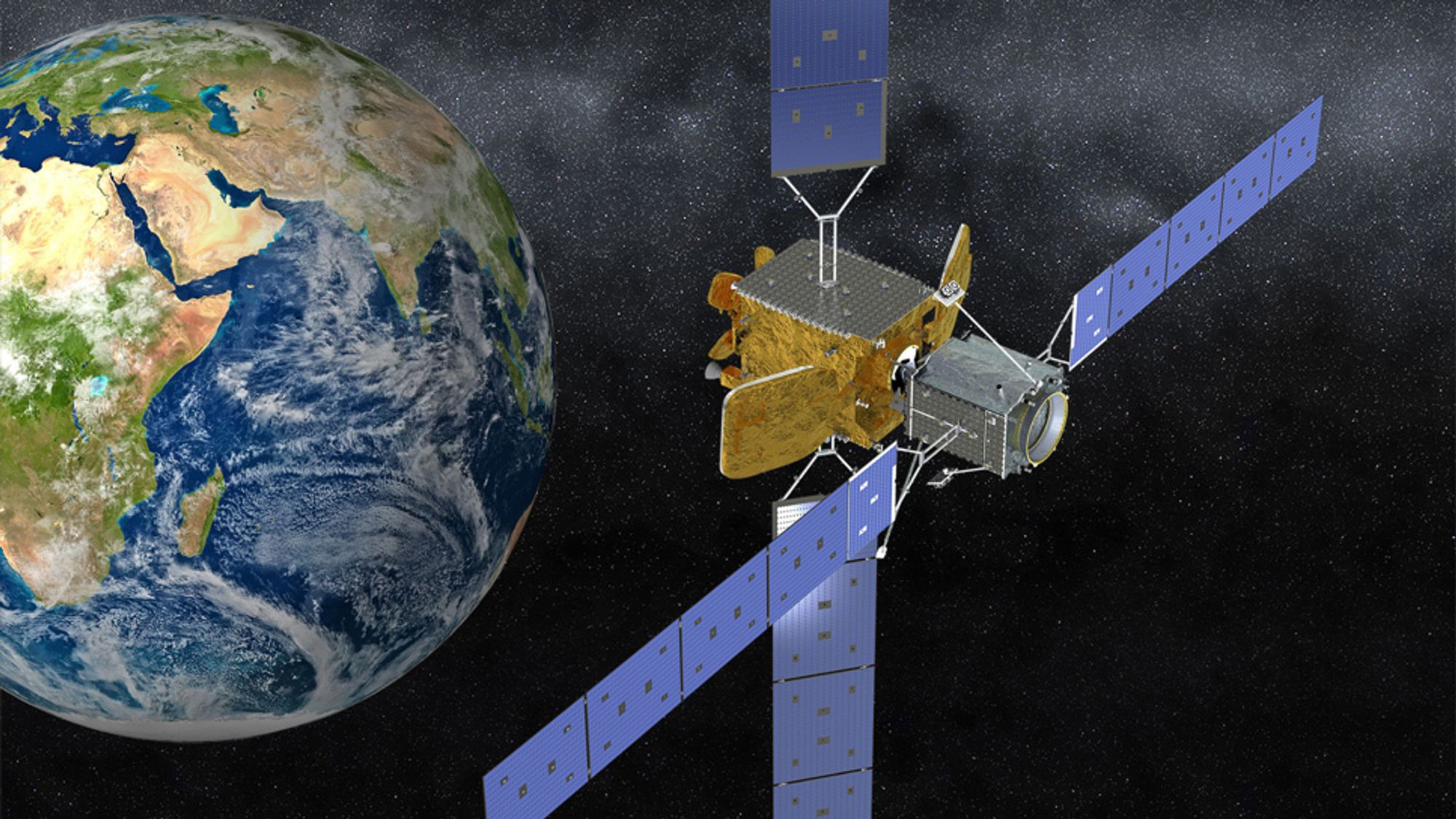 I rommet: Illustrasjonen av Intelsat 10-02 koblet til MEV-2, der MEV er den grå boksen i forgrunnen som vender bort fra jorden.