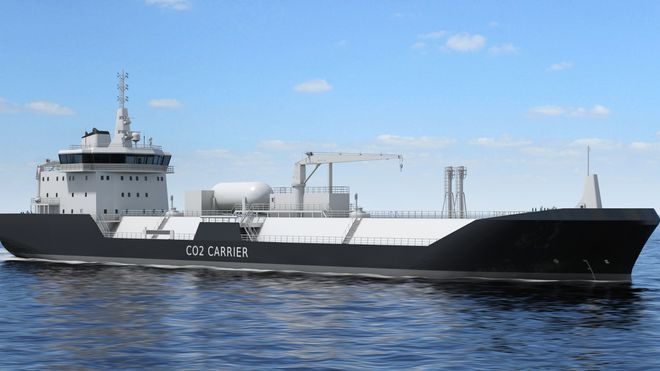 Skisse av et tankskip for frakt av flytende karbondioksid. Wärtsilä har utviklet tankarrangement og laste/lossesystem og lasthåndtering.