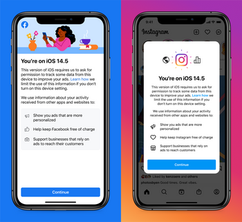Informasjon som Facebook- og Instagram-appene nå viser IOS-brukere i forbindelse med nye personvernvalg.