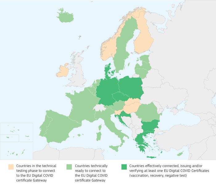 De ulike EU/EØS-landenes status for tilknytning til EUs korona-gateway-system per 2. juni 2021.