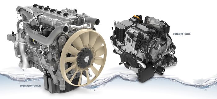 Til venstre i bildet en forbrenningsmotor, bygget om fra dieseldrift til hydrogen som brennstoff. Til høyre i bildet en brenselcelle. Begge fra tyske MAN, som velger å bruke forbrenningsmotor i en overgangsfase mens de videreutvikler og forfiner brenselcellen.