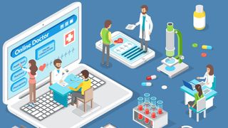 Tegnet illustrasjon av digitale helsesløsninger, medisinsk utstyr, en pc og bittesmå leger og pasienter på blått gulv