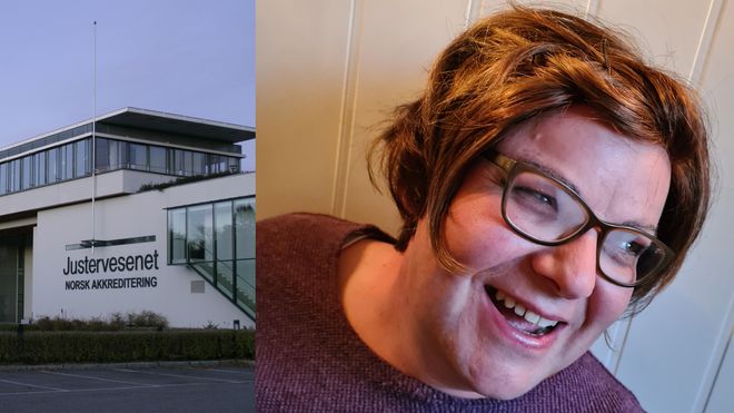 Collage: En smilende Elin Stillingen og eksteriør av Justervesenets kontor på Kjeller.