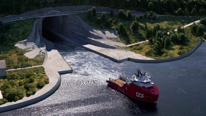 Fugleperspektiv av tunnellinngangen for Stad skipstunnel i Moldefjorden. Et stort ankerhåndteringsfartøy er tegnet inn.